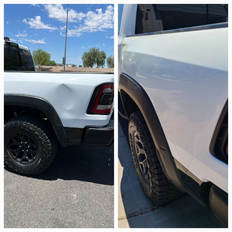 The amazing difference of a repaired car door after our professional dent service.