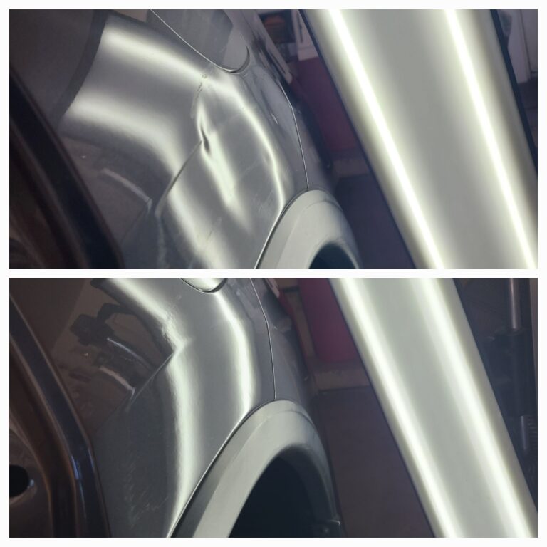 Before and after of a car dent repaired with paintless dent repair (PDR).